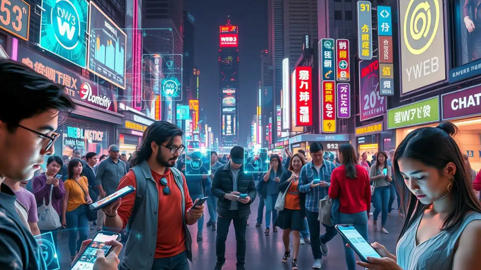 Image showing an Asian street full of people using apps on their smartphones