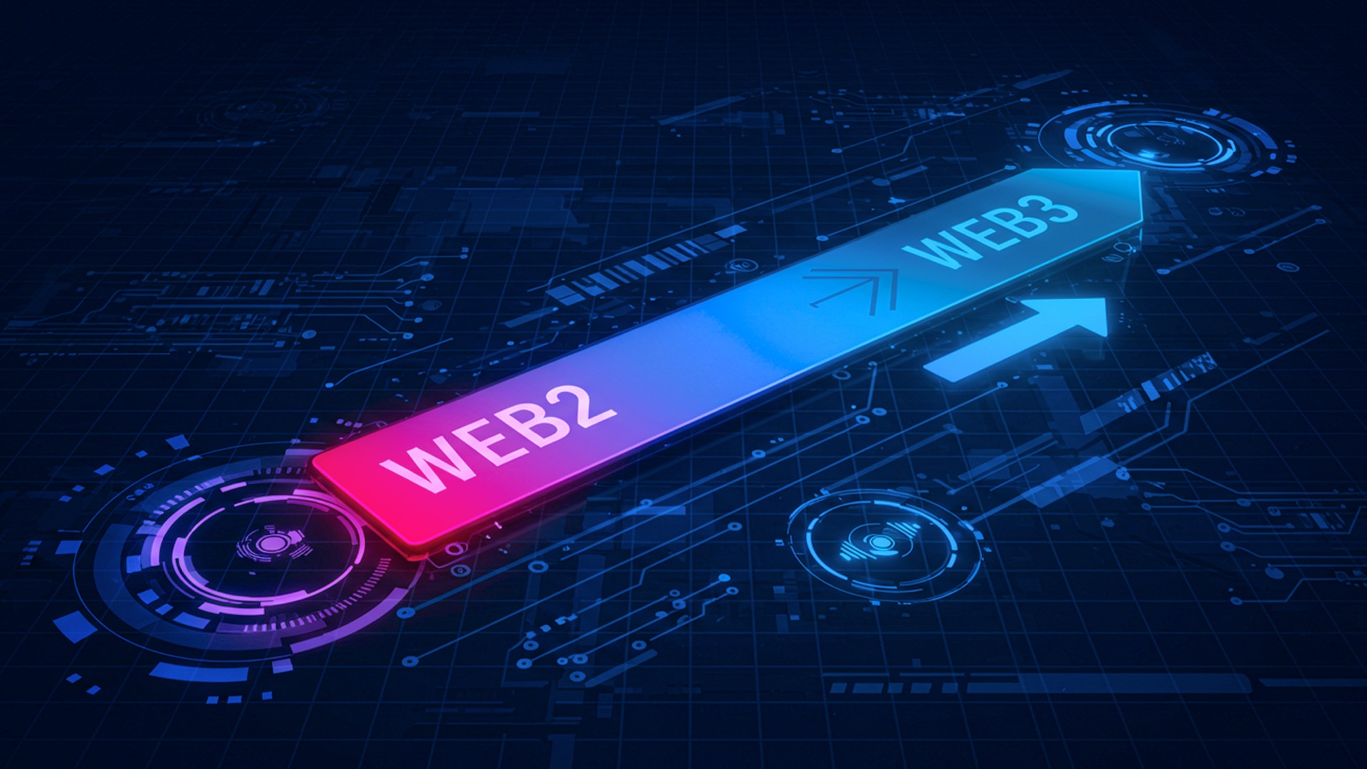 Arrows depicting Web2 moving to Web3 on a futuristic background image