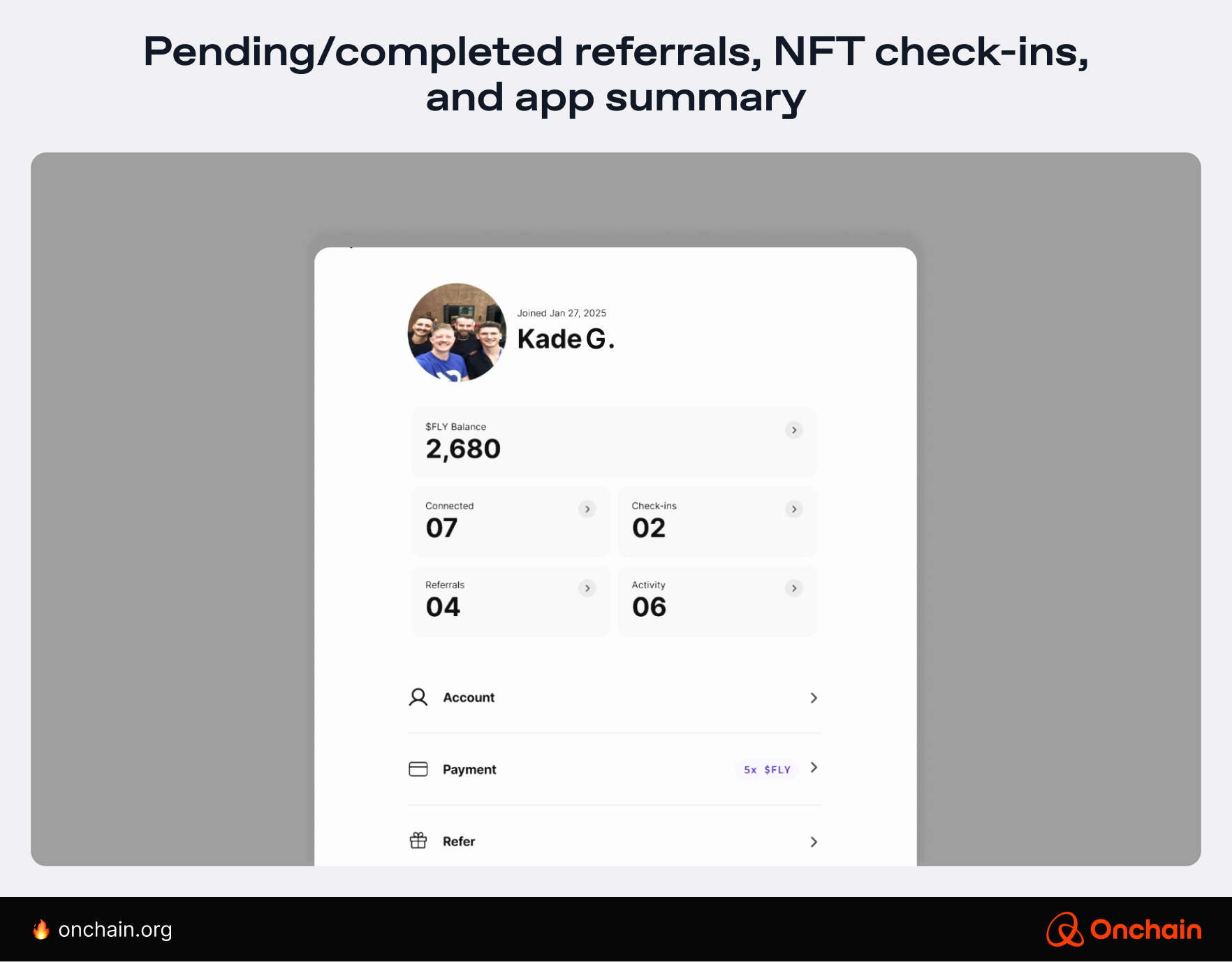 completed referrals, NFT check-ins, and app summary
