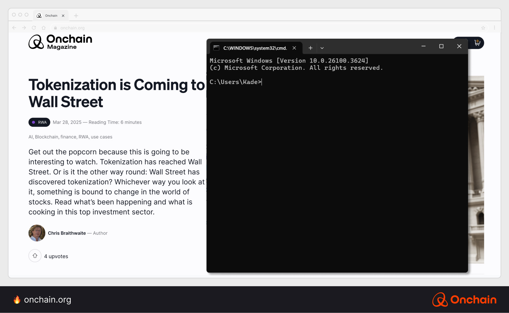 Opening a CLI box on a Windows computer, Onchain website in the background.