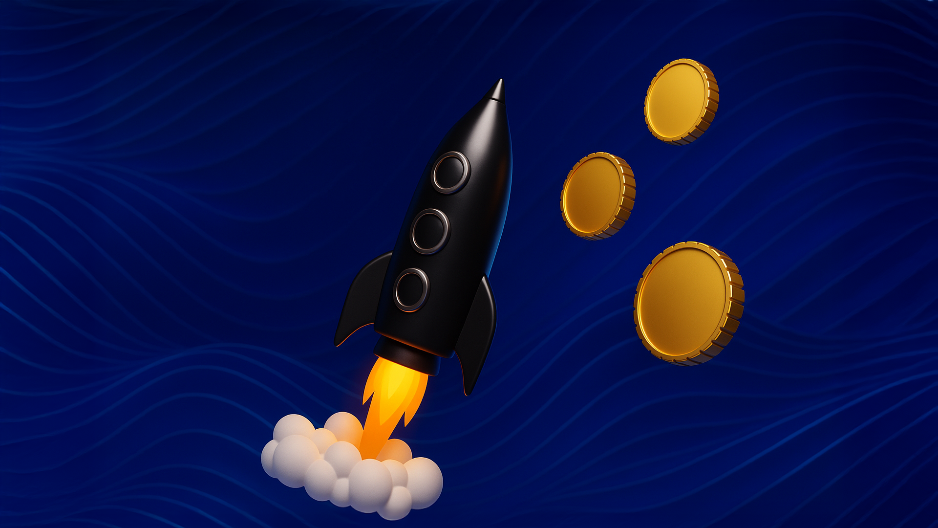 Futuristic image of a rocket launching with crypto tokens on a blue background.