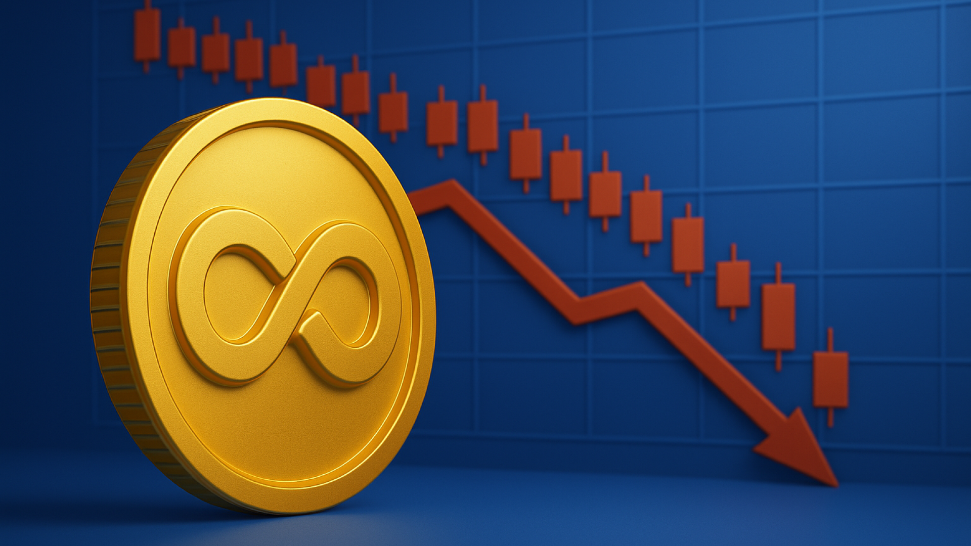 Image of a token with a backdrop of a price falling trading screen