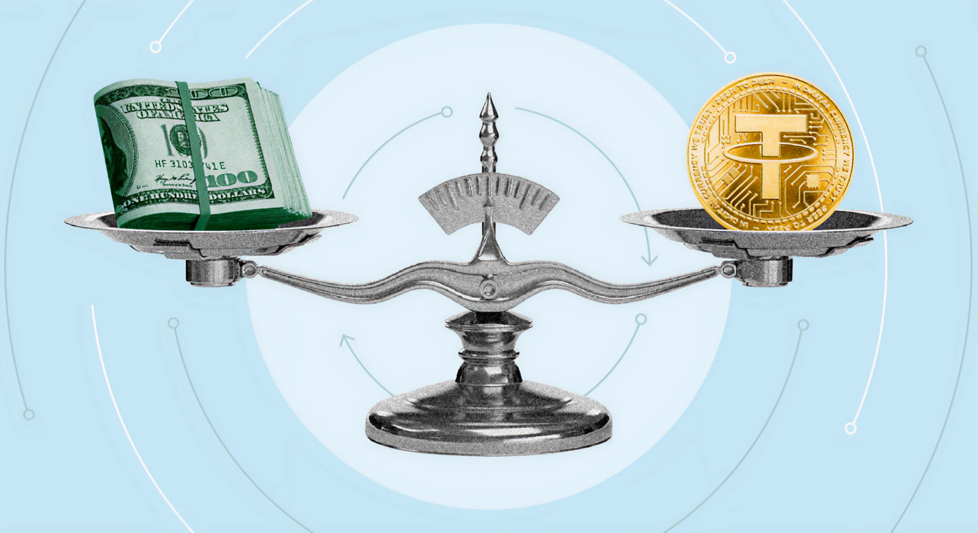 Image depicting a scale with USD on one side and a gold crypto token on the other