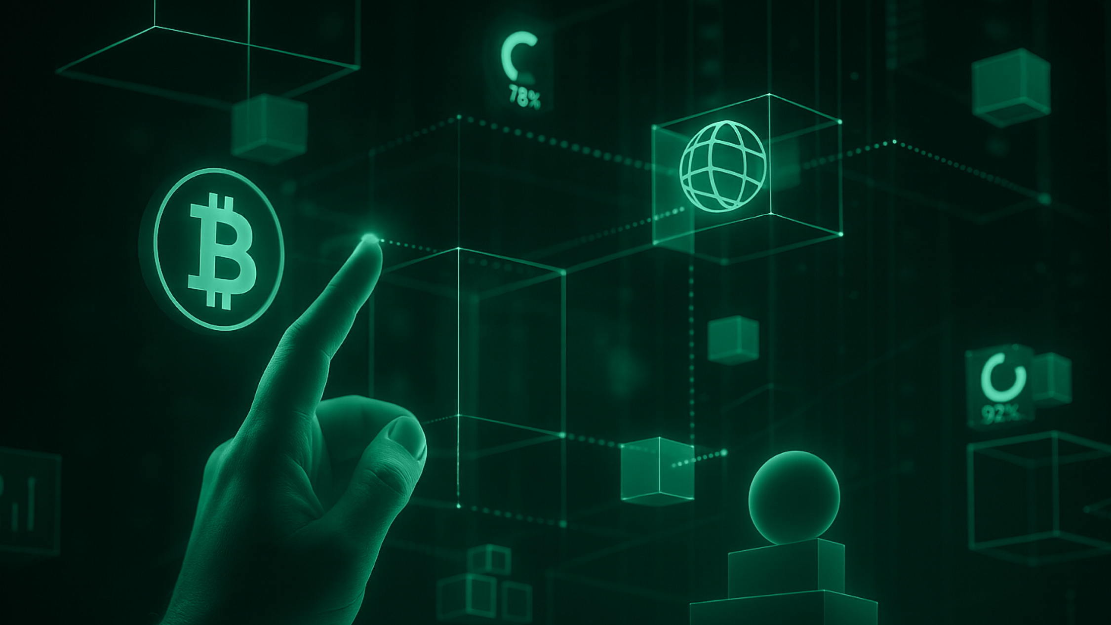 Futurustic Image depicting a hand pointing at blocks on an electric blue background.