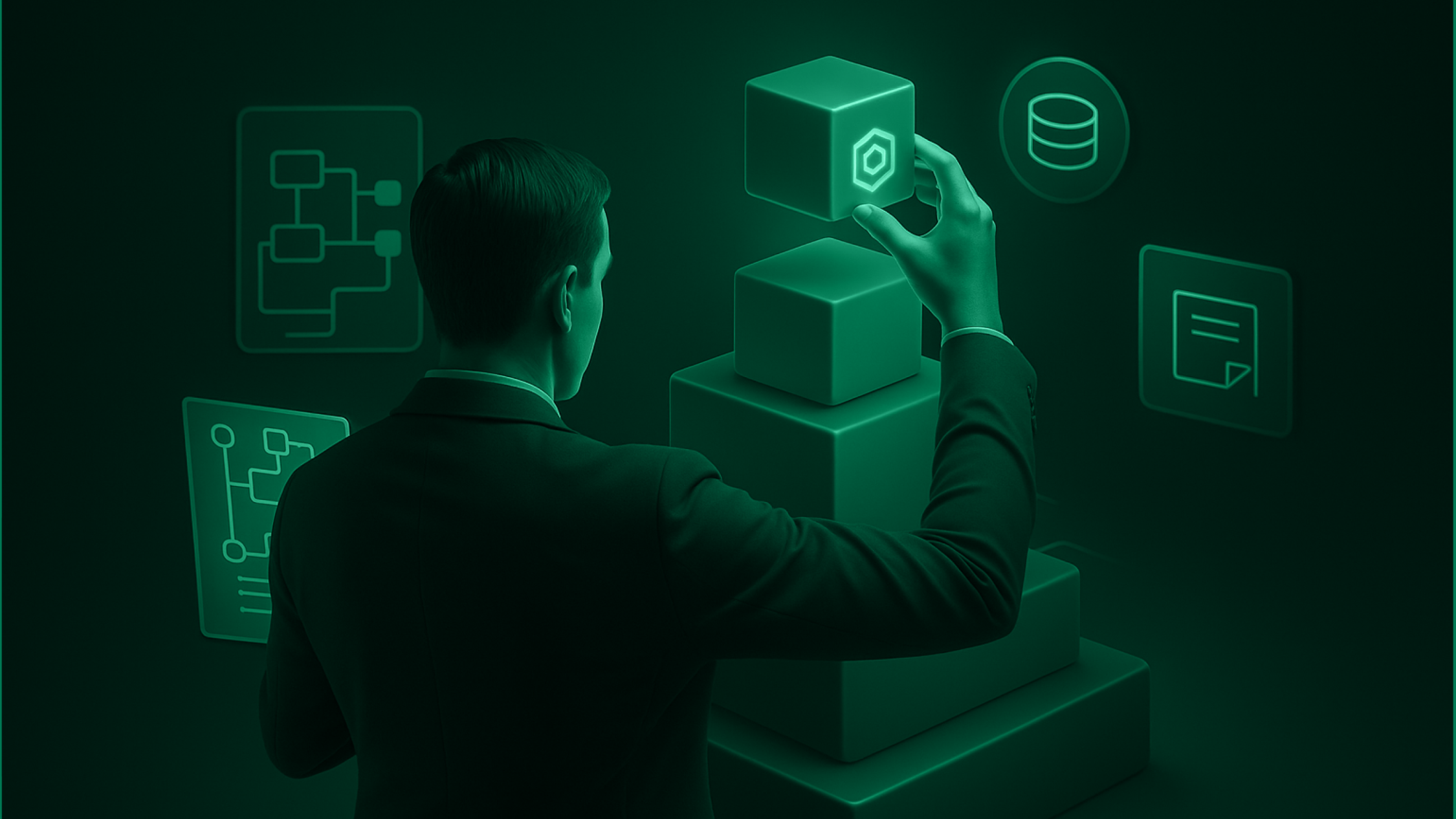 AI-generated image of an engineer building a stack of blocks.