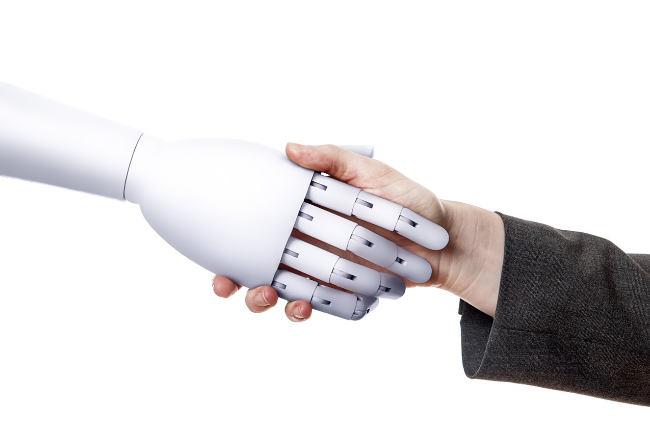 Graphic image depicting a human and robot finger handshake