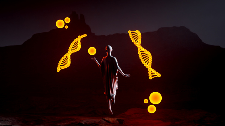 Image of human being walking through DNA strands