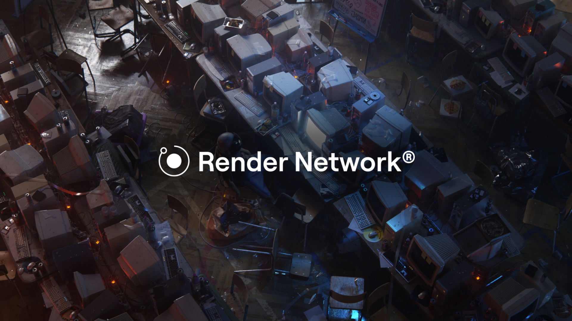 Image depicting Render Networks company logo showing desks filled with PCs and monitors