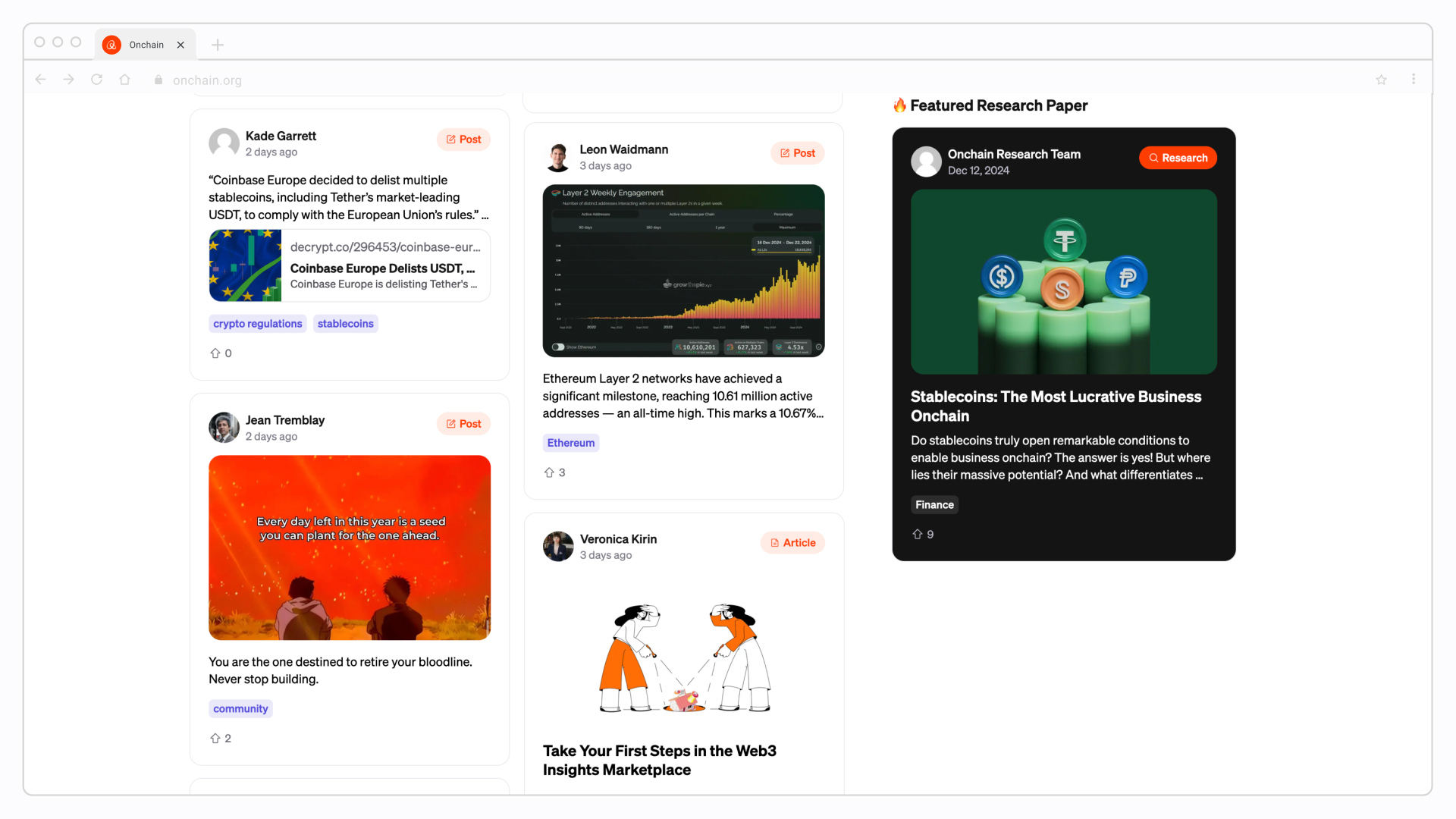 Screenshot of Onchain Web3 Insights Marketplace feed with posts from Onchain team members Jean, Leon, and Veronica.