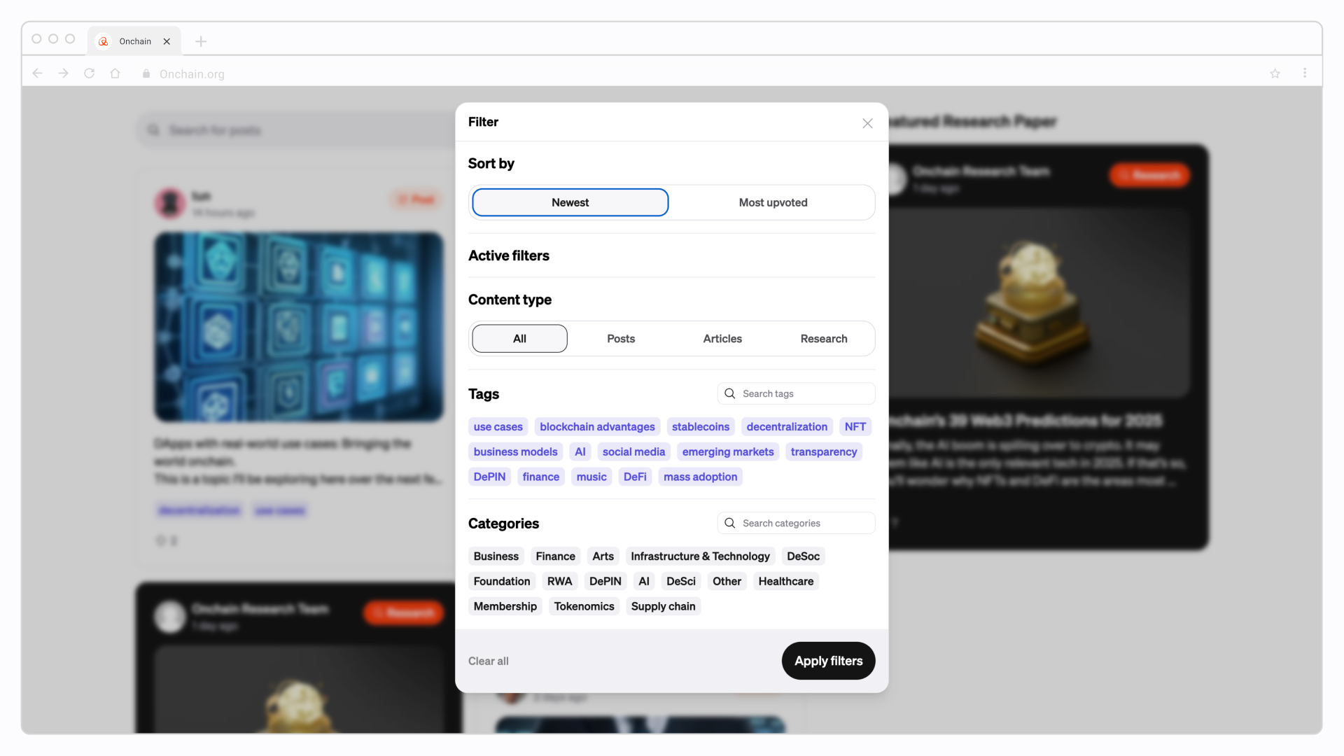 Screenshot of the Onchain feed filters (Categories, Tags, Content type, Newest, Most upvoted)