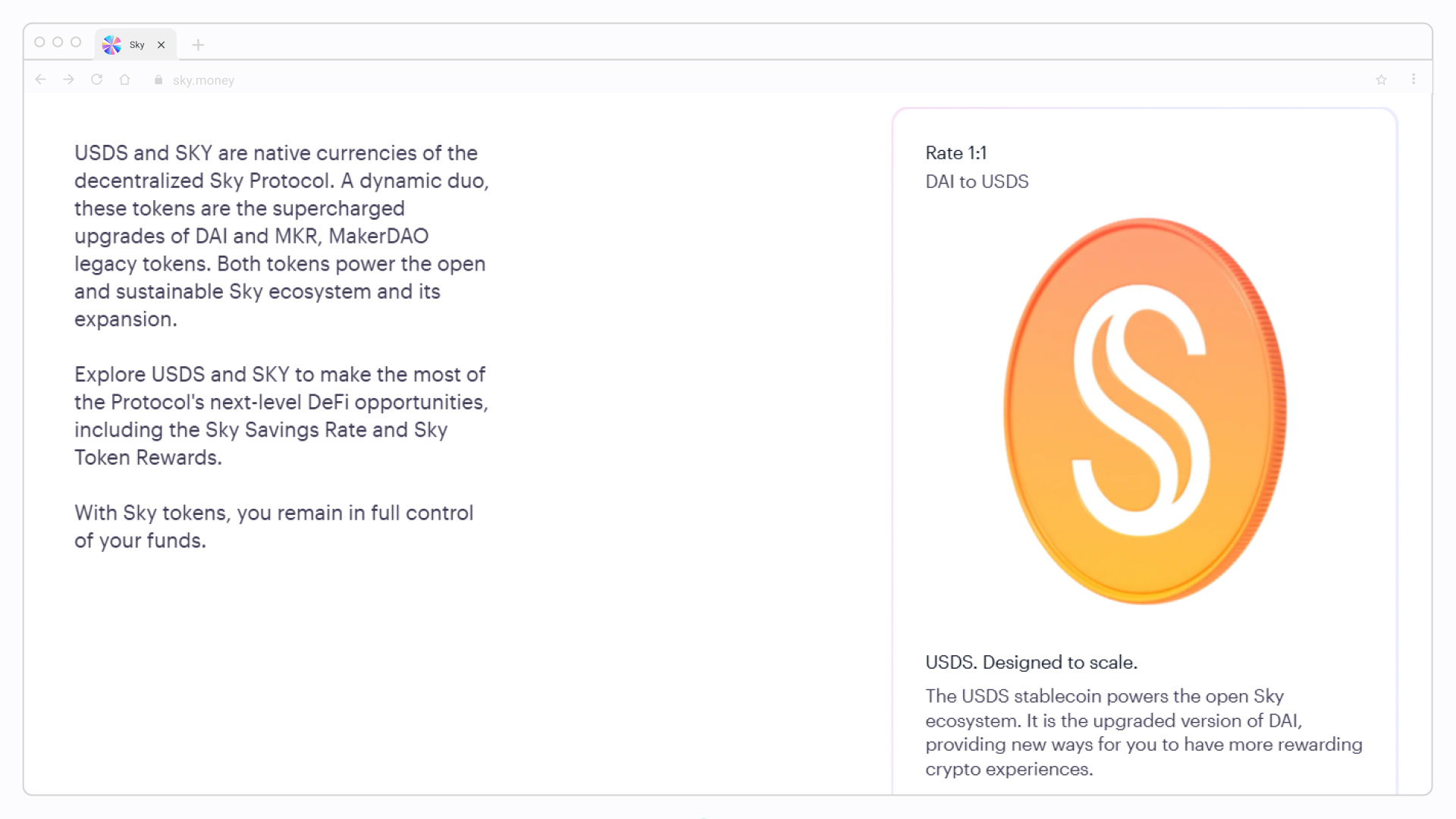 Explainer on Sky’s USDS stablecoin and its 1:1 conversion with DAI.