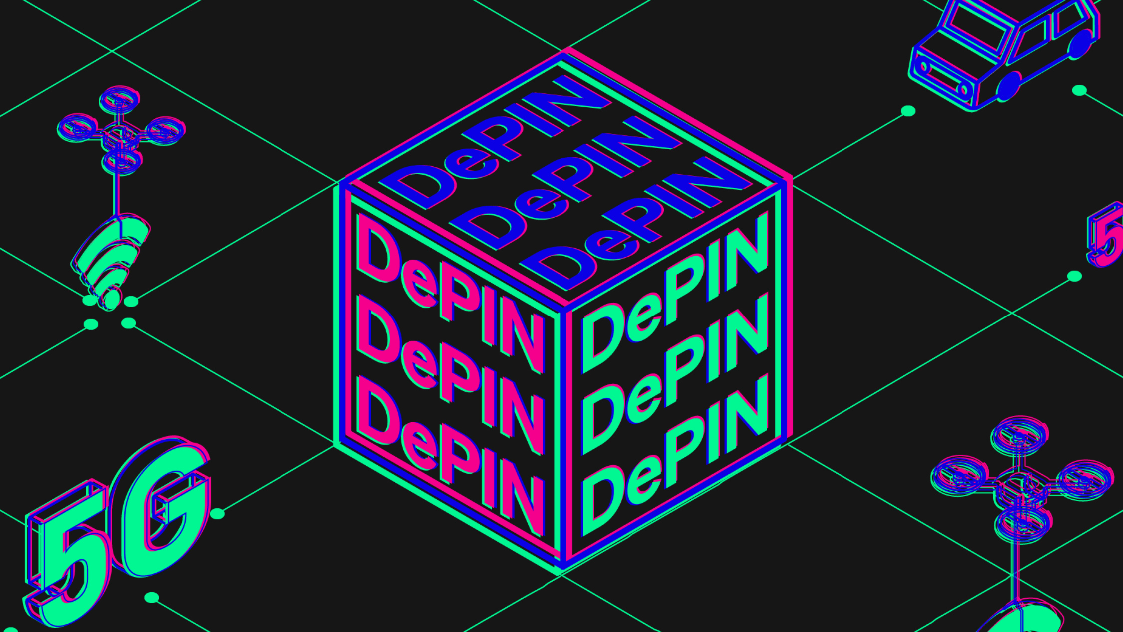 Image of a block on a grid with the word “DePIN” and 5G and blockchain imagery from Onchain’s crypto research report.