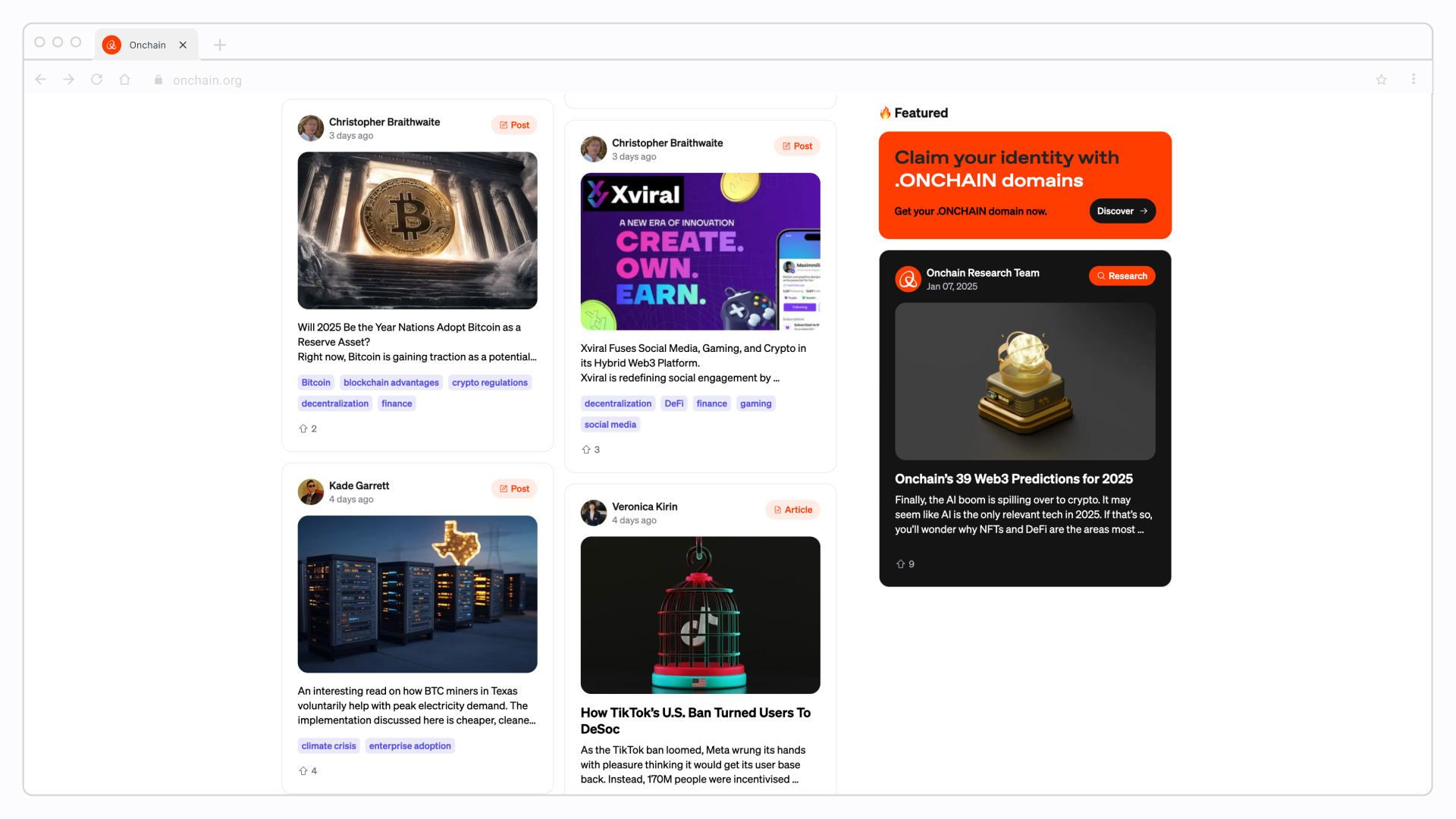 Screenshot of Onchain’s crypto research marketplace with posts from Onchain team members.